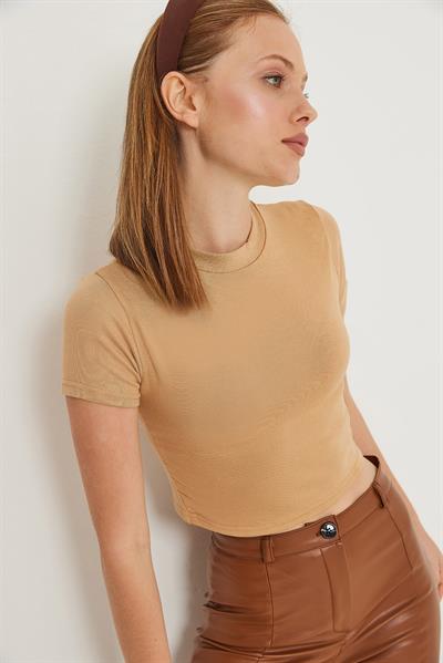 Bisiklet Yaka Esnek Crop Bluz Vizon