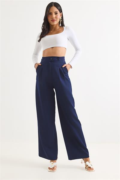 Yüksek Bel Bol Paça Çift Düğmeli Pantolon Lacivert