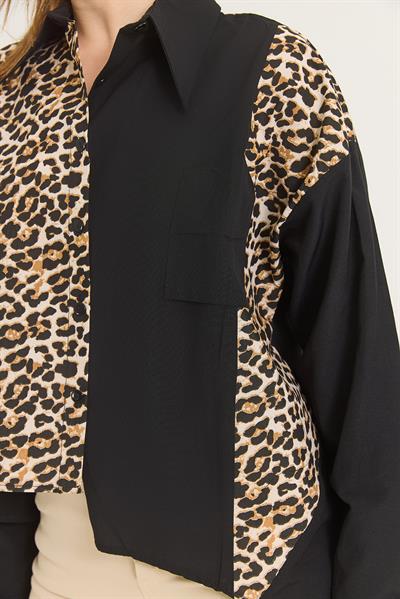 Leopar Garnili Ters Cep Detaylı Siyah Gömlek