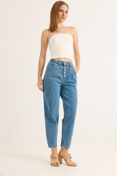 Yüksek Bel Düğmeli Wide Leg Jean Mavi