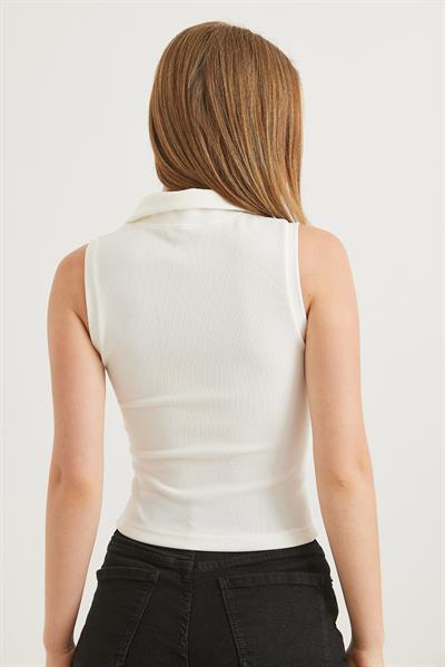 Polo Yakalı Düğmeli Fitilli Bluz Ekru