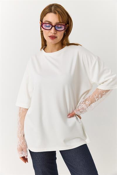 Kadın Kolu Tül Detaylı Oversize Tshirt Beyaz