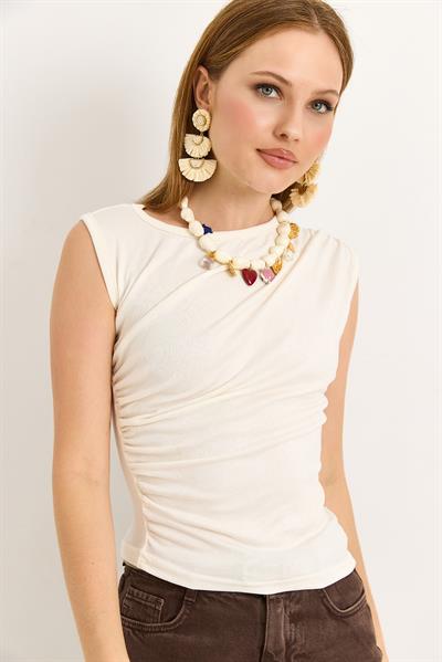 Yanları Büzgülü Pamuk Örme Bluz Beyaz