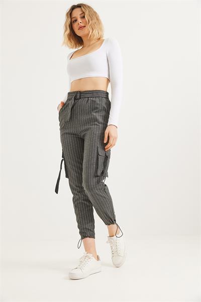  Yanları Cepli  Paça Lastikli Keten Pantolon Füme