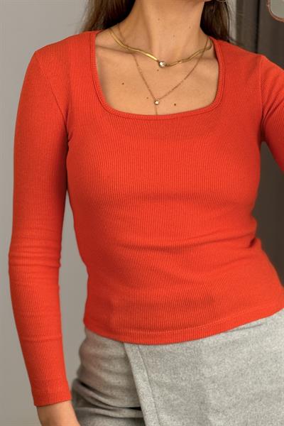 Kadın Fitilli Kare Yaka Uzun Kollu Bluz  Turuncu