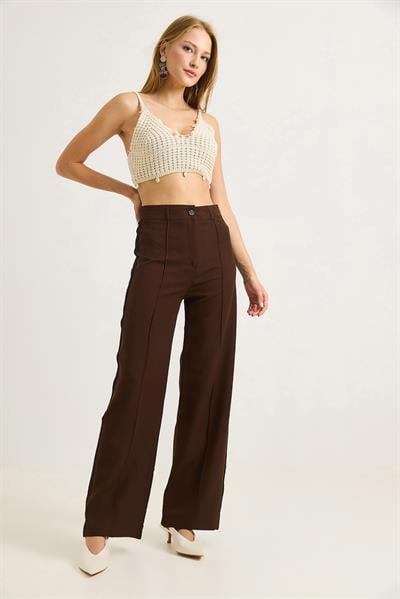 Yanları Şeritlik Bol Paça Kadın Pantolon Kahverengi