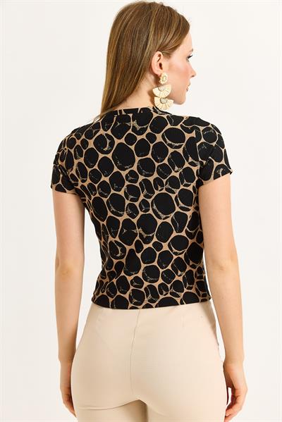 Geometrik Desen Kısa Kollu Bluz Kahverengi