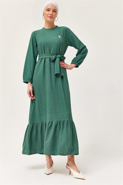 Kuşaklı Kat Keten Elbise Yeşil