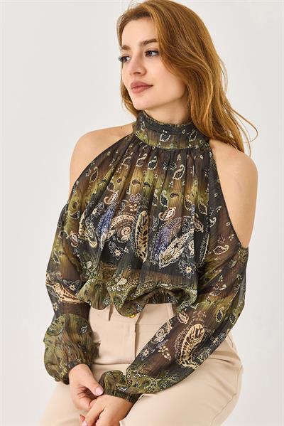 Halter Yaka Full Transparan Omuz Dekolteli  Bluz Yeşil