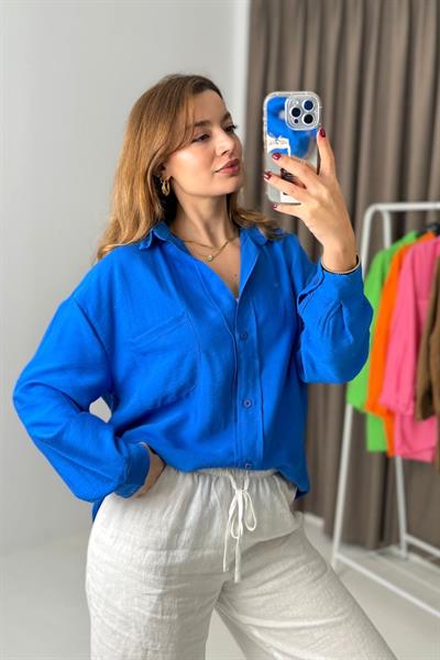 Uzun Kollu Cep Detaylı Basic Gömlek Mavi