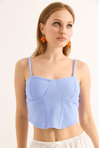 İp Askılı Örme Crop Bluz Mavi