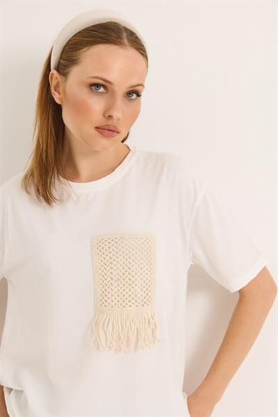 Hasır Cepli Yumuşak Dokulu Fit Tshirt Krem