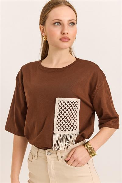 Hasır Cepli Yumuşak Dokulu Fit Tshirt Kahve