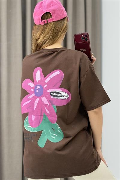 Baskılı Bisiklet Yaka Basic Tshirt Kahverengi