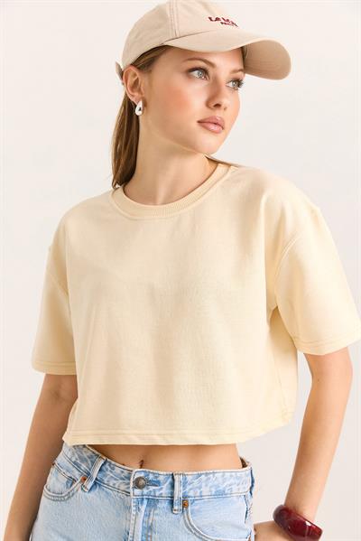 Bisiklet Yaka Havalı Crop İki İp Tshirt  Bej