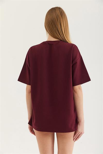 Kurdele Baskı Detaylı Basic Tshirt Bordo