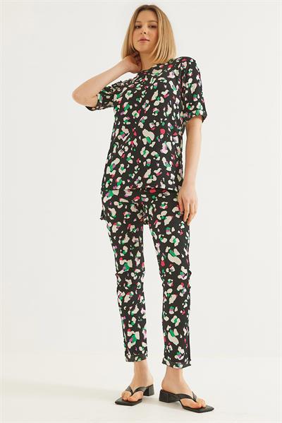 Desenli Kısa Kol İkili Takım Siyah 