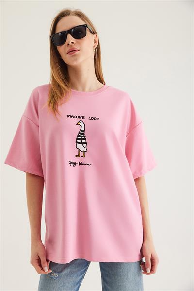 Bisiklet Yaka Oversize Baskılı Tshirt Pembe