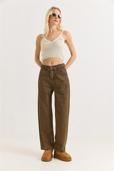 Kadın Bol Paça Kot Pantalon  Kahverengi
