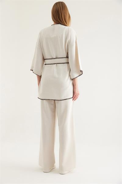 Dikiş Detaylı Kimono Pantolon İkili Takım Krem