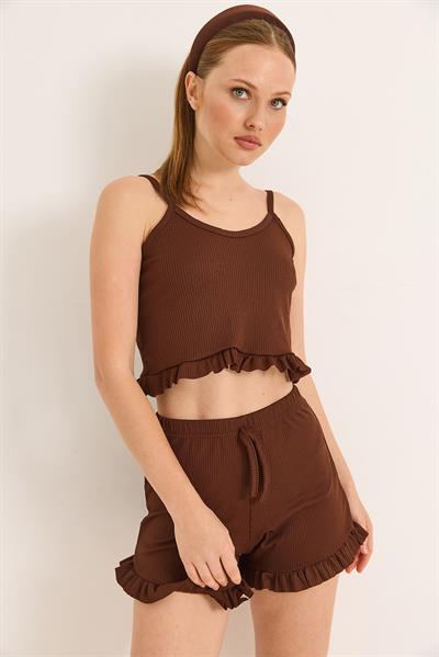 Askılı Fırfırlı Şortlu Takım Kahverengi