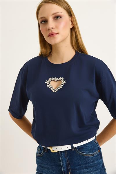 Kalp Detaylı  Oversize Kadın Tshirt Lacivert