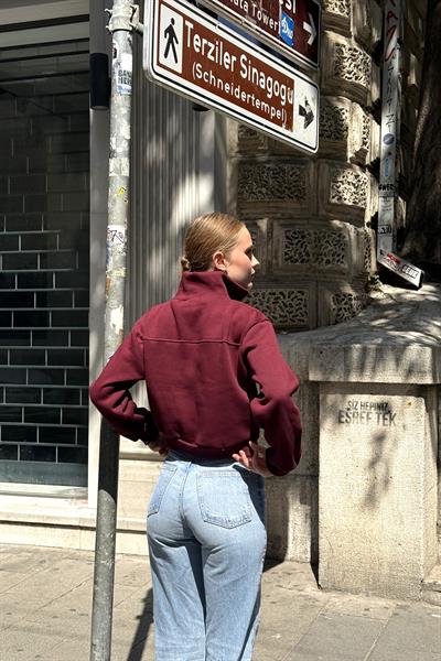 Yarım Fermuar Dik Yaka Kadın Sweat Bordo