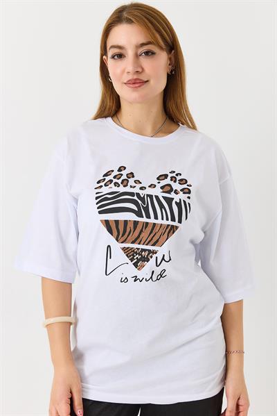 Kadın Kalp Baskılı Bisiklet Yaka Tshirt Beyaz