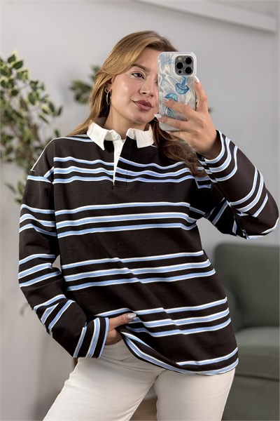 Kadın Çizgili Polo Yaka Sweatshirt Kahverengi