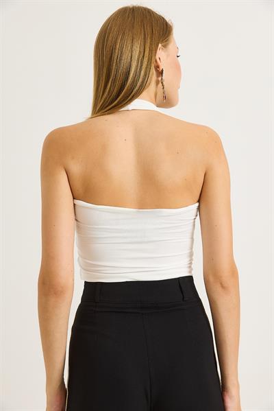 Boyundan Geçirmeli Crop Bluz Beyaz