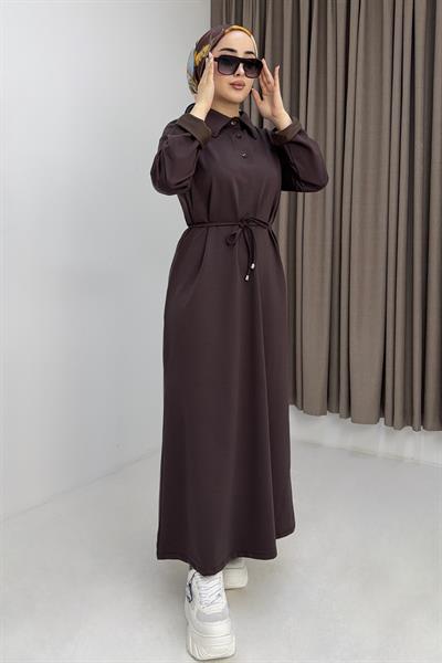 Kadın Beli Bağlamalı Düz Basic Elbise Kahverengi