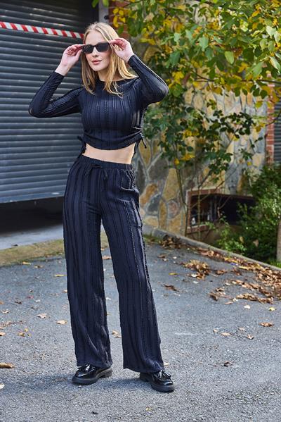 Kadın Cozy Triko Saçaklı Crop Büzgü Detaylı Siyah