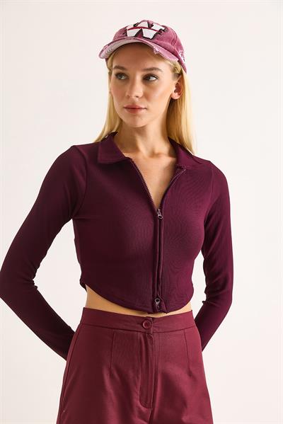 Kadın Polo Yaka Fermuarlı  Fitilli Kaşkorse Crop Bordo