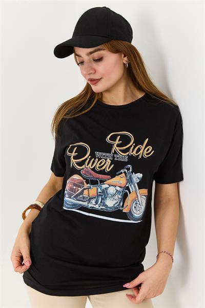 Kadın Bisiklet Yaka Motor Baskılı Tshirt Siyah