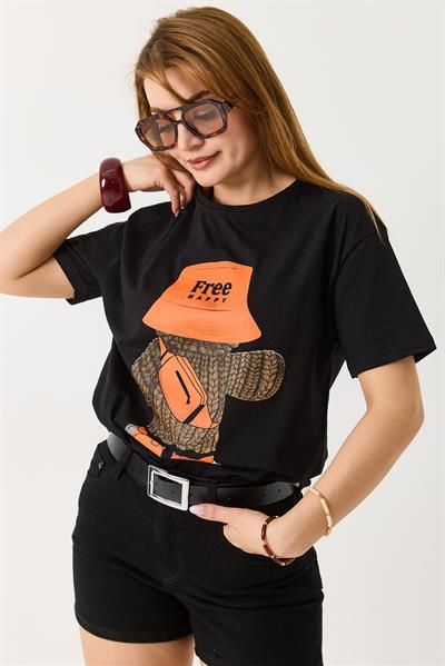 Kadın Free Happy Yazılı Bisiklet Yaka Tshirt