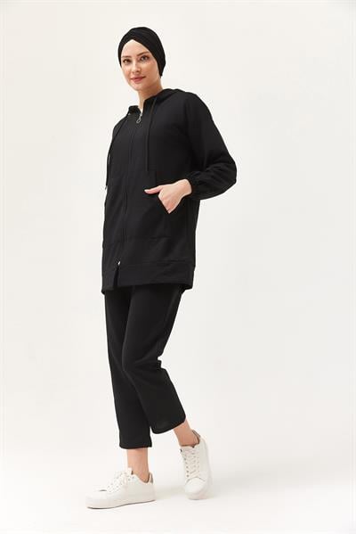 Kadın Kapüşonlu Fermuarlı İkili Takım Siyah