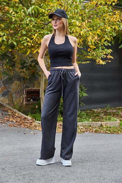 Kadın Selanik Yüksel Bel Esnek ve Dökümlü Triko Pantalon Füme