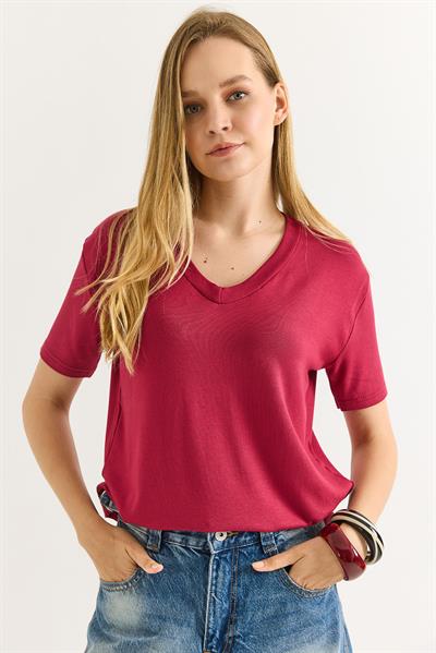 V Yaka Rahat Kalıp Bluz Vişne Çürüğü