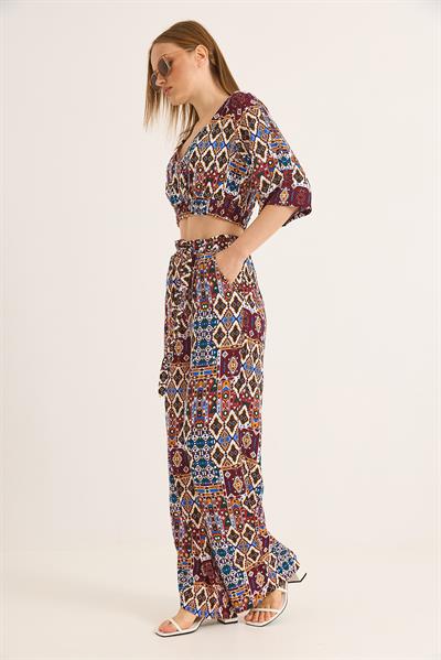 Etnik Desenli Kruvaze Yaka Crop Bluz Pantolon İkili Takım Bordo
