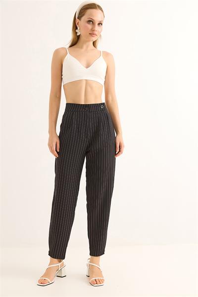 Kemeri Çift Düğmeli Çizgili Palazzo Pantolon Siyah