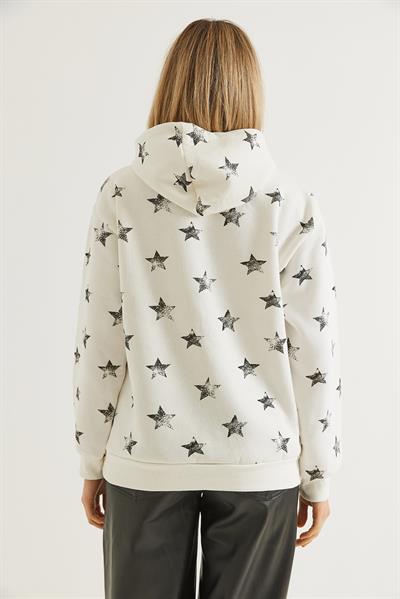 Yıldız Baskılı Oversize Kapüşonlu Sweatshirt Ekru