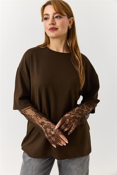 Kadın Kolu Tül Detaylı Oversize Tshirt Kahverengi
