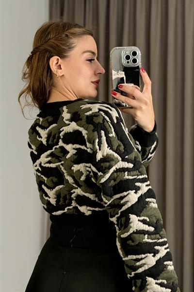 Kadın Haki Kamuflaj  Crop Sweat
