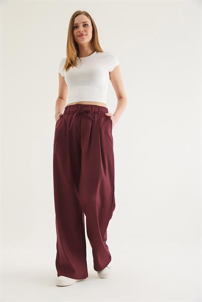 Kendinden Kemerli Cepli Bol Pantolon Bordo