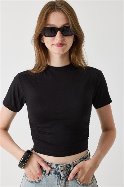 Kadın Bisiklet Yaka Penye Crop Bluz Siyah