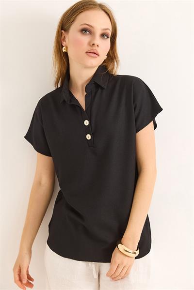 Polo Yaka Oval Kesin Kadın Tshirt Siyah
