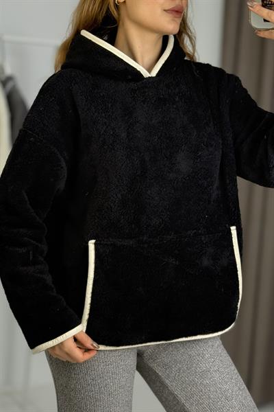 Kadın Kapüşonlu Şerit Detaylı Welsoft Ekru Siyah