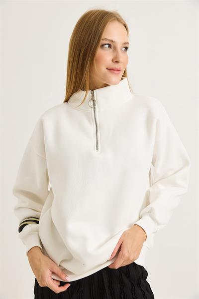 Kadın Yaka Fermuarlı 2 İplik Sweatshirt Beyaz