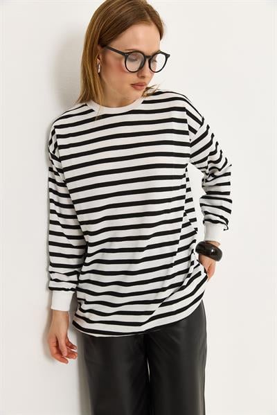Çizgili Oversize Tunik Siyah Beyaz