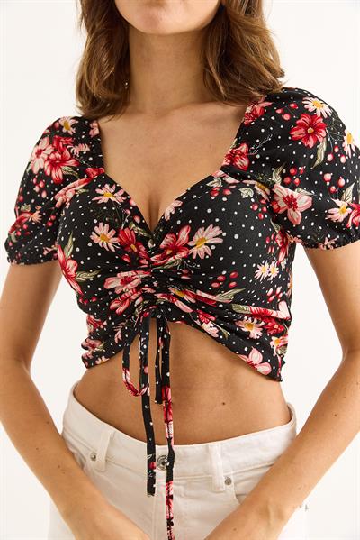 Desenli Prenses Kol Önden Büzgülü Bluz Siyah